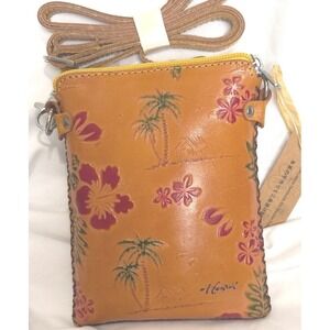 Aloha from Hawaii Handmade Embossed Leather Mini Crossbody Bag Tan Tropical